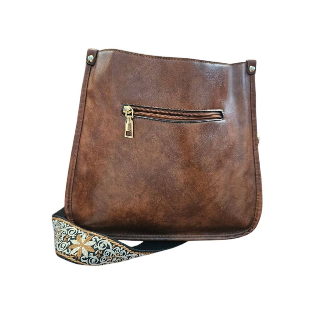 Vegan Leather Crossbody Bag Cognac Brown Embroidered Strap - Picture 3 of 7